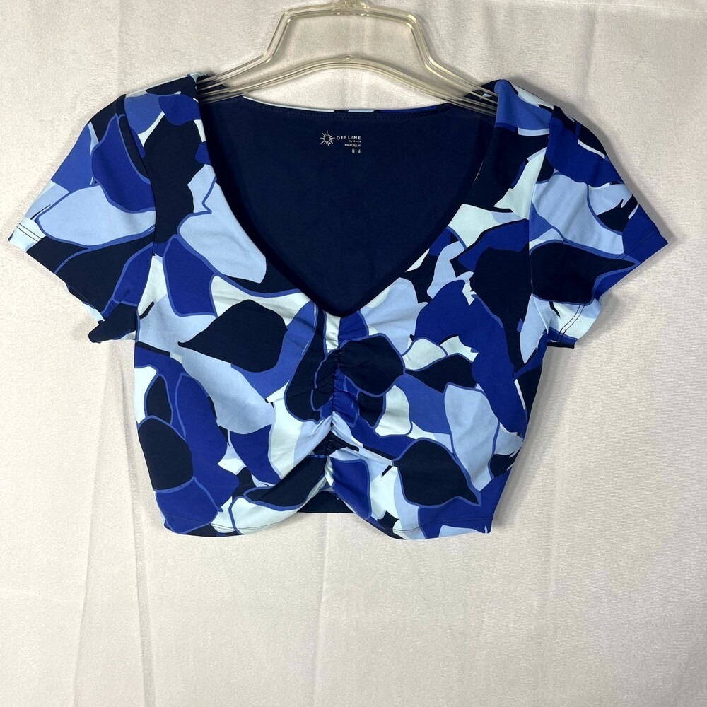 OFFLINE by Aerie Crop‎ Top Real Me Medium Blue Floral Camo Ruched Front NWT
